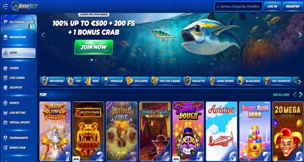 Screenshot of BassBet online casino homepage featuring a marine-themed interface with a welcome bonus banner offering 100% up to €500, 200 free spins, and 1 Bonus Crab. Navigation menu includes Casino, Live Casino, Sports Betting, Jackpots, and Bonus Crab. Top slot games like Gates of Olympus, Book of Ra Magic, and Aviator are displayed below.